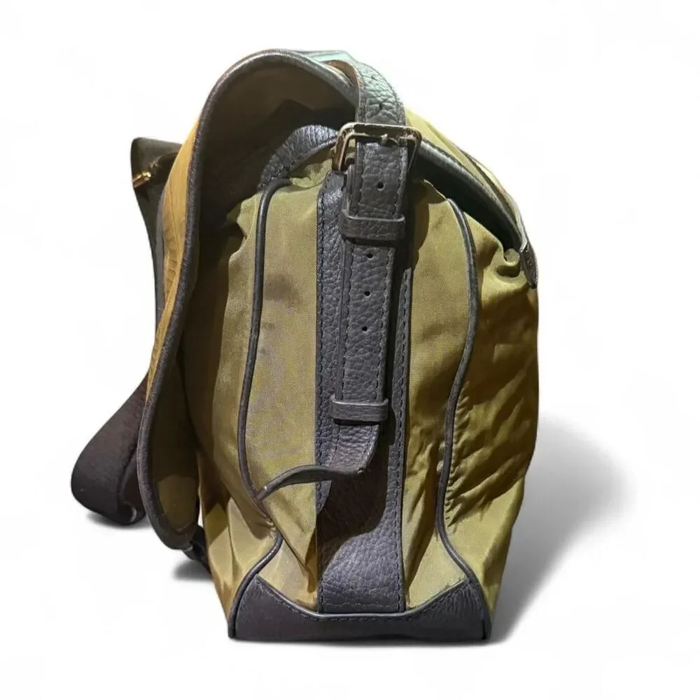 Burberry Logo Messenger Bag Olive Nylon Black Leather Trim Crossbody 17x14